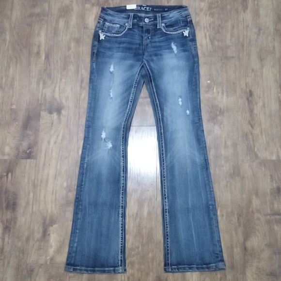 Grace in LA Women's 27 Boot Cut Embellished Rhinestones Dark Fade Distressed NWT - Picture 3 of 8